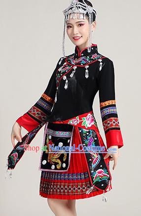 China Ethnic Stage Performance Red Short Dress Yao Nationality Clothing She Minority Folk Dance Outfits and Hair Accessories