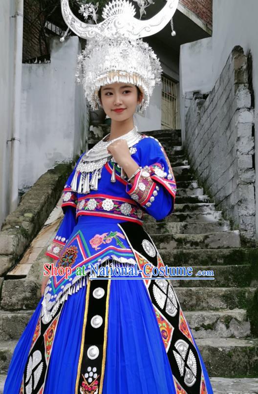 China Xiangxi Minority Stage Performance Costumes Ethnic Folk Dance Royalblue Dress Miao Nationality Clothing and Hat