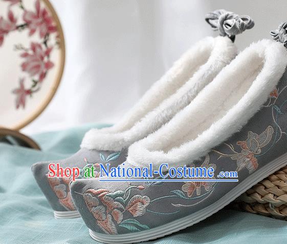 China Traditional Embroidered Shoes National Winter Cotton Shoes Handmade Grey Cloth Hanfu Shoes