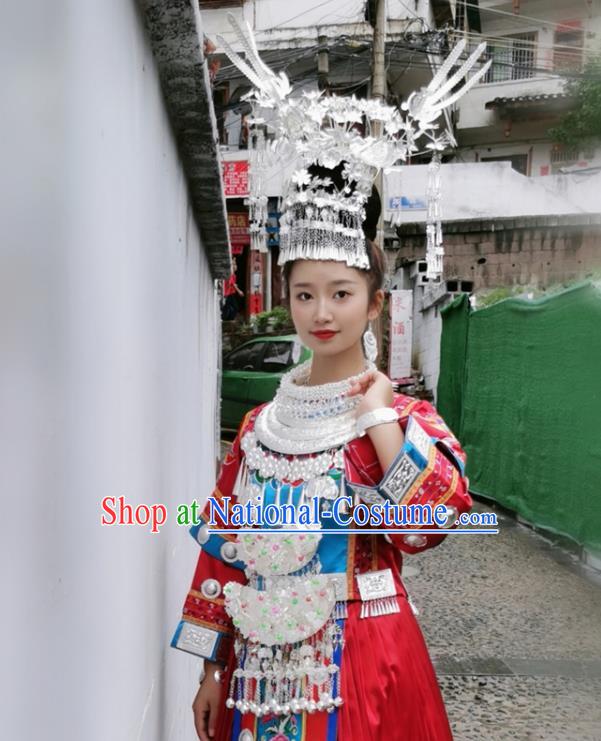 China Hmong Ethnic Woman Red Dress Miao Nationality Wedding Clothing Xiangxi Minority Performance Costumes and Silver Hair Accessories