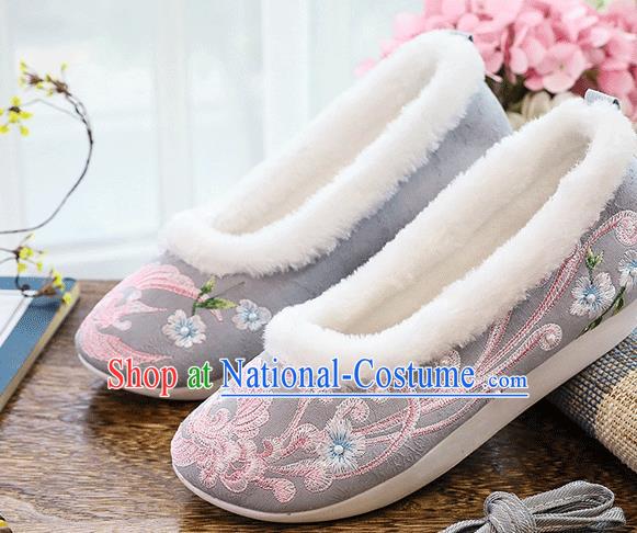 China Folk Dance Shoes National Woman Winter Shoes Traditional Embroidered Pearls Grey Cloth Shoes