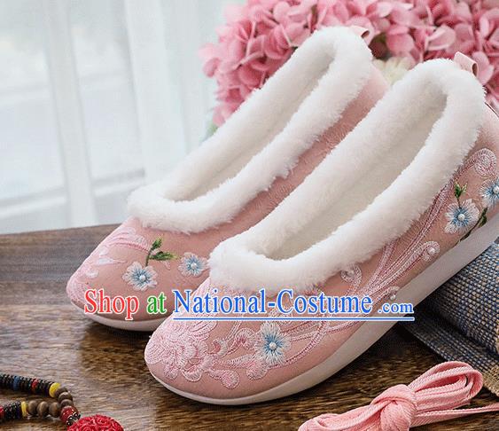 China Traditional Embroidered Pearls Pink Cloth Shoes Folk Dance Shoes National Woman Winter Shoes