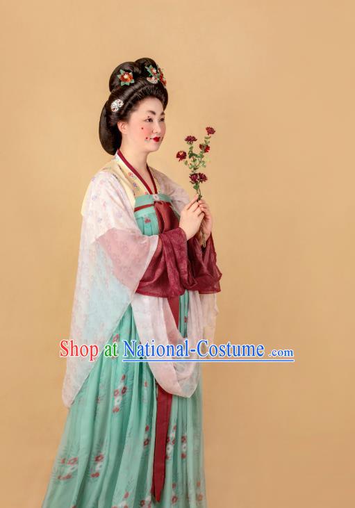 China Tang Dynasty Court Woman Historical Costumes Traditional Ancient Noble Madame Green Hanfu Dress Complete Set