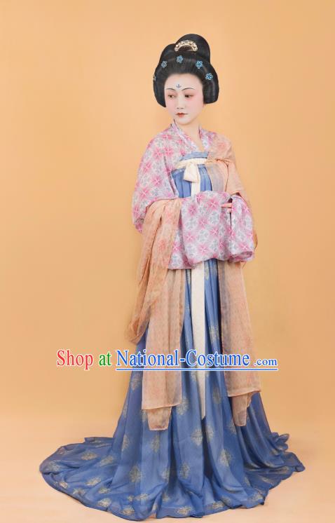 China Traditional Ancient Noble Lady Blue Hanfu Dress Tang Dynasty Royal Princess Historical Costumes