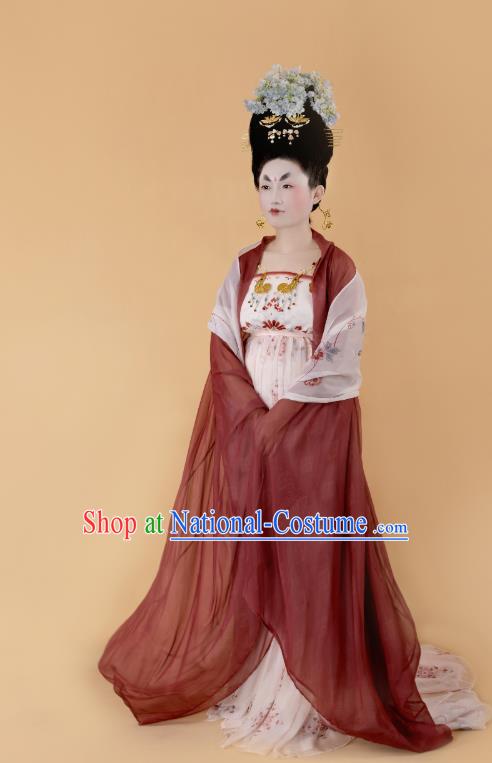 China Traditional Ancient Court Beauty Hanfu Dress Tang Dynasty Imperial Concubine Historical Clothing and Headdress Full Set