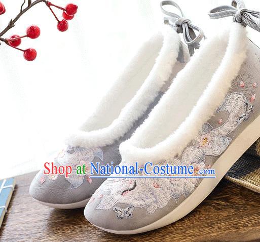 China Traditional Embroidered Nine Tail Fox Shoes Folk Dance Shoes National Woman Winter Grey Cloth Shoes