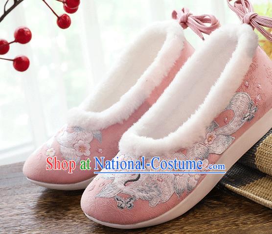 China Traditional Folk Dance Shoes National Woman Winter Pink Cloth Shoes Embroidered Nine Tail Fox Shoes