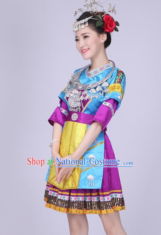 China Xiangxi Ethnic Performance Outfits Yao Minority Blue Dress Tujia Nationality Folk Dance Clothing and Hair Accessories