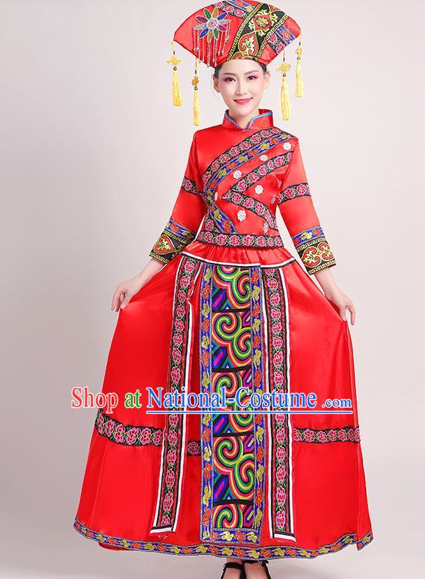 China Zhuang Nationality Clothing Guangxi Ethnic Performance Outfits Minority Folk Dance Red Dress and Hat