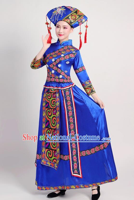 China Minority Folk Dance Royalblue Dress Zhuang Nationality Clothing Guangxi Ethnic Performance Outfits and Hat