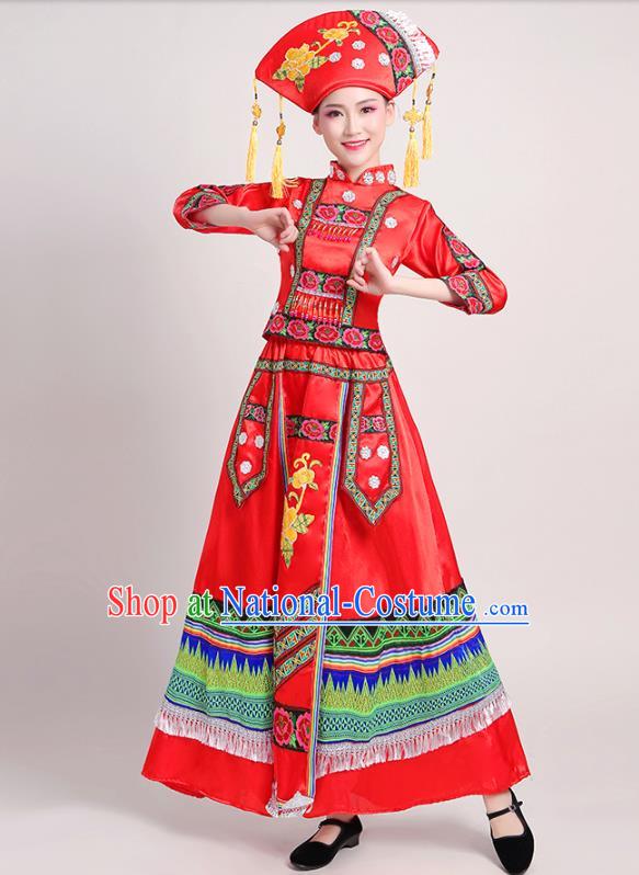 China Yao Minority Folk Dance Dress Zhuang Nationality Clothing Yunnan Ethnic Performance Red Outfits and Headwear