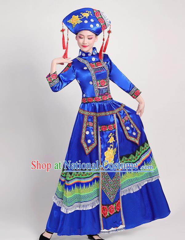 China Yunnan Ethnic Performance Royalblue Outfits Yao Minority Folk Dance Dress Zhuang Nationality Clothing and Headwear