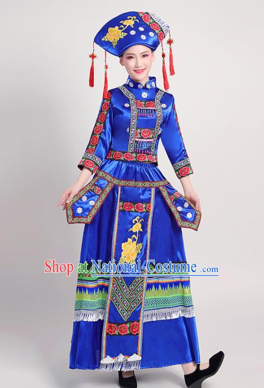 China Yunnan Ethnic Performance Royalblue Outfits Yao Minority Folk Dance Dress Zhuang Nationality Clothing and Headwear