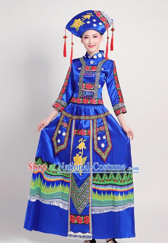 China Yunnan Ethnic Performance Royalblue Outfits Yao Minority Folk Dance Dress Zhuang Nationality Clothing and Headwear