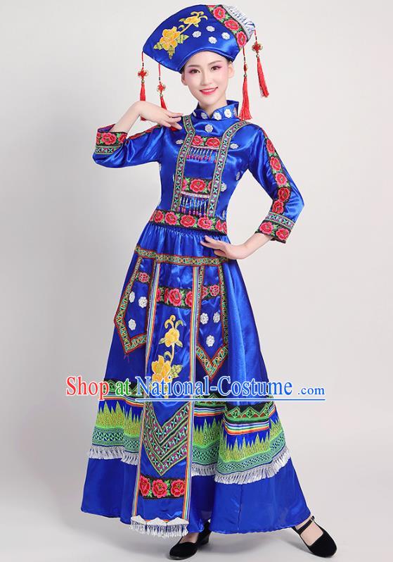 China Yunnan Ethnic Performance Royalblue Outfits Yao Minority Folk Dance Dress Zhuang Nationality Clothing and Headwear