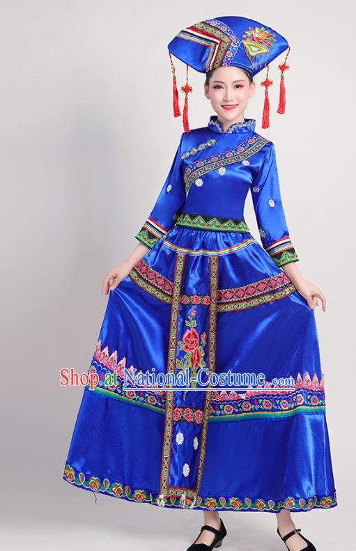 China Zhuang Nationality Female Clothing Guangxi Ethnic Performance Royalblue Outfits Minority Folk Dance Dress and Headdress