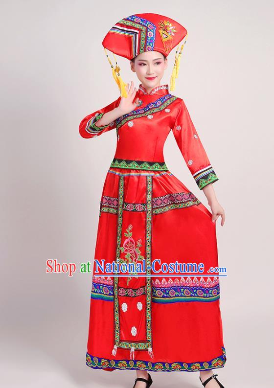 China Minority Folk Dance Dress Zhuang Nationality Female Clothing Guangxi Ethnic Performance Red Outfits and Headdress