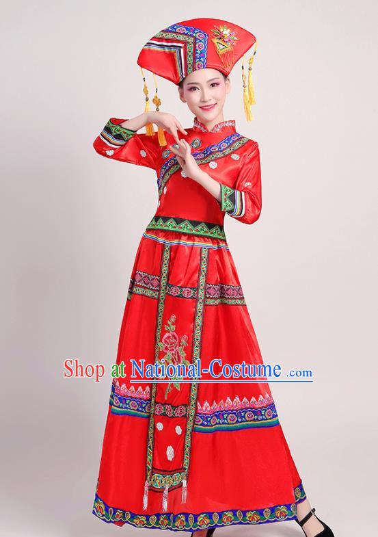 China Minority Folk Dance Dress Zhuang Nationality Female Clothing Guangxi Ethnic Performance Red Outfits and Headdress