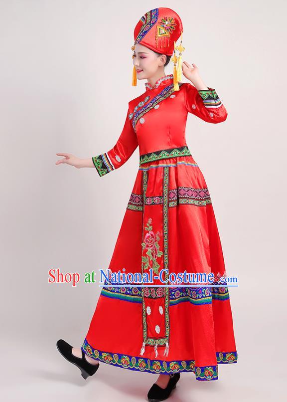 China Minority Folk Dance Dress Zhuang Nationality Female Clothing Guangxi Ethnic Performance Red Outfits and Headdress