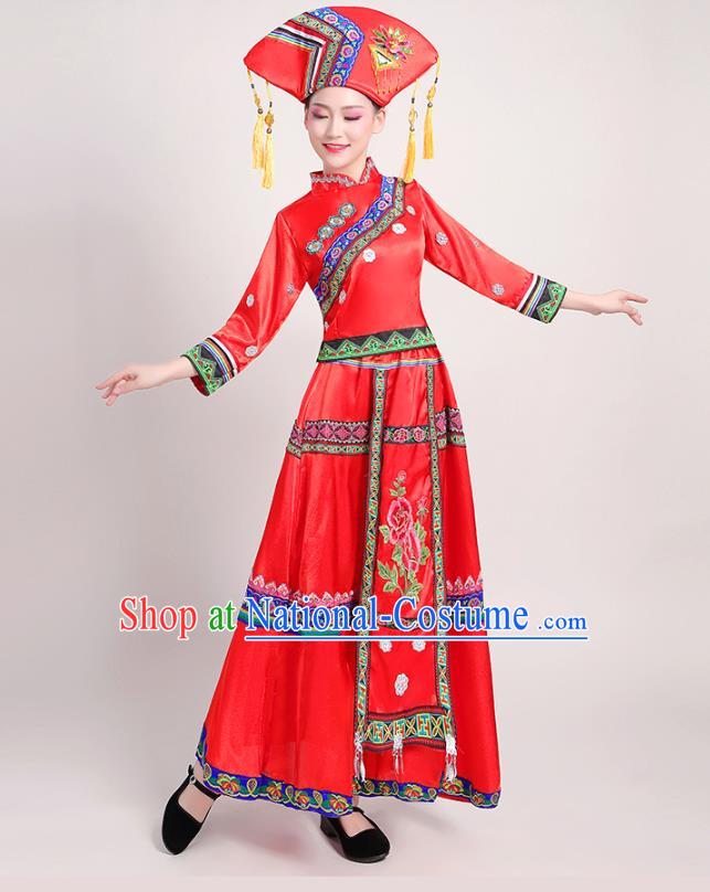 China Minority Folk Dance Dress Zhuang Nationality Female Clothing Guangxi Ethnic Performance Red Outfits and Headdress