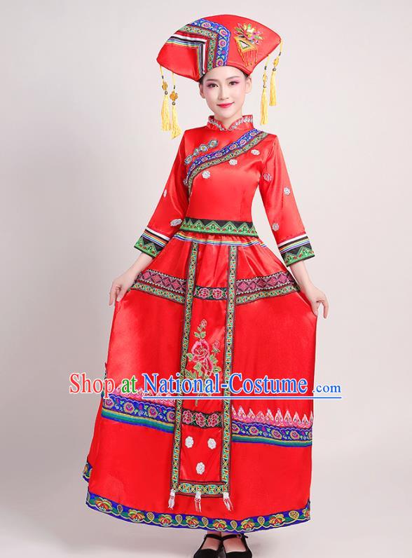 China Minority Folk Dance Dress Zhuang Nationality Female Clothing Guangxi Ethnic Performance Red Outfits and Headdress