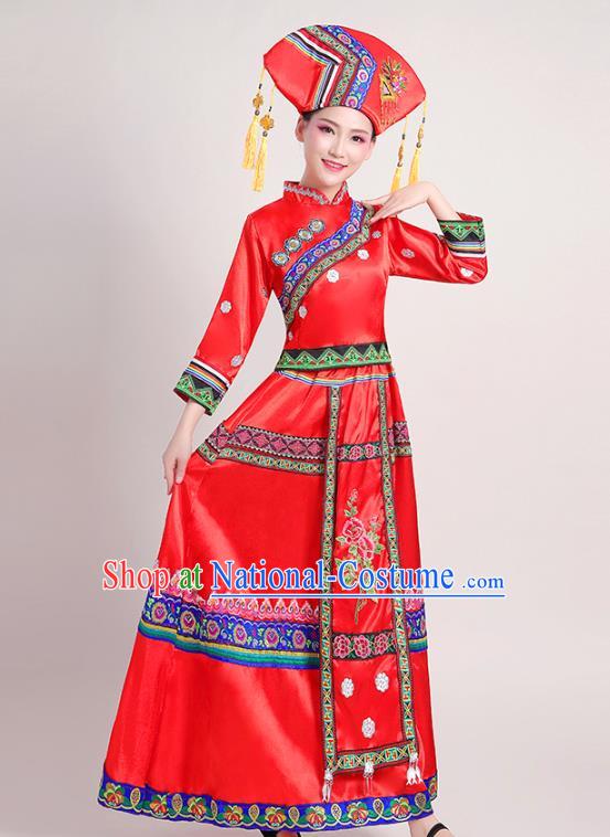 China Minority Folk Dance Dress Zhuang Nationality Female Clothing Guangxi Ethnic Performance Red Outfits and Headdress