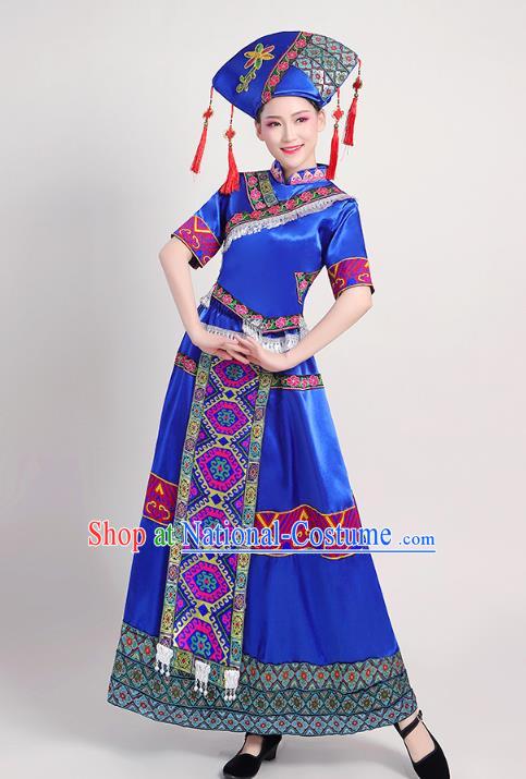 China Zhuang Nationality Female Clothing Guangxi Ethnic Performance Royalblue Outfits Tujia Minority Folk Dance Dress and Headwear