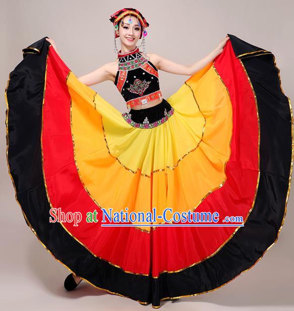 China Yi Nationality Folk Dance Clothing Guizhou Ethnic Performance Outfits Minority Torch Festival Dress and Hat