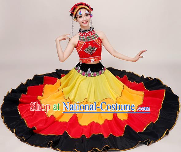 China Guizhou Ethnic Performance Outfits Minority Torch Festival Dress Yi Nationality Folk Dance Costumes and Tassel Hat