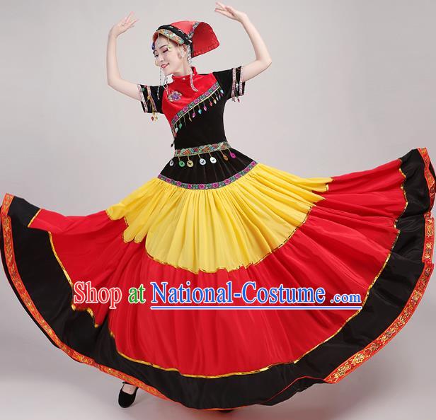 China Yi Minority Torch Festival Dress Guangxi Ethnic Performance Outfits Traditional Nationality Folk Dance Costumes and Headwear