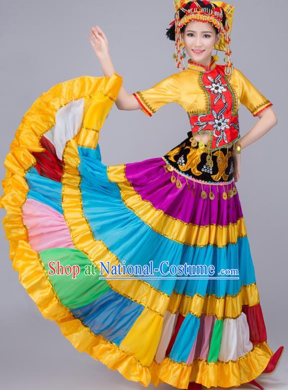 China Traditional Ethnic Performance Clothing Guangxi Nationality Folk Dance Costumes Yi Minority Torch Festival Dress and Hat