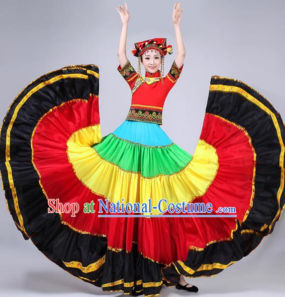 China Yi Minority Torch Festival Dress Traditional Ethnic Performance Clothing Guangxi Nationality Folk Dance Costumes and Headwear