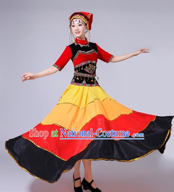 China Liangshan Nationality Folk Dance Costumes Yi Minority Torch Festival Dress Traditional Sichuan Ethnic Performance Clothing and Headwear