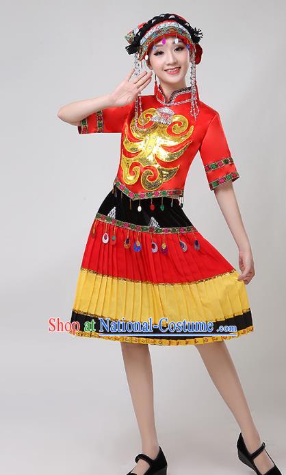 China Traditional Liangshan Ethnic Clothing Yi Nationality Folk Dance Costumes Minority Torch Festival Performance Dress and Hat