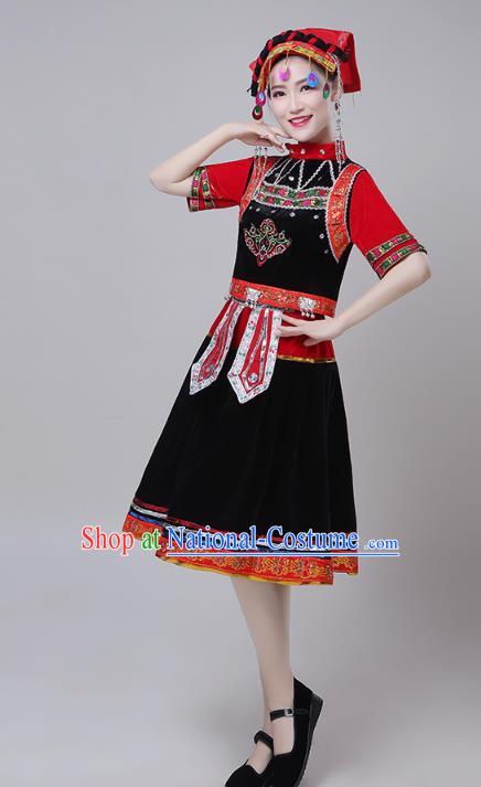 China Zhuang Nationality Folk Dance Costumes Traditional Yi Minority Ethnic Torch Festival Black Dress