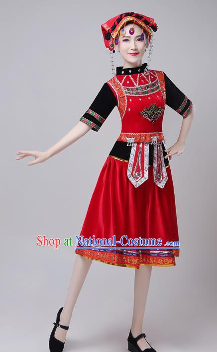 China Traditional Yi Minority Ethnic Torch Festival Red Short Dress Outfits Zhuang Nationality Folk Dance Costumes