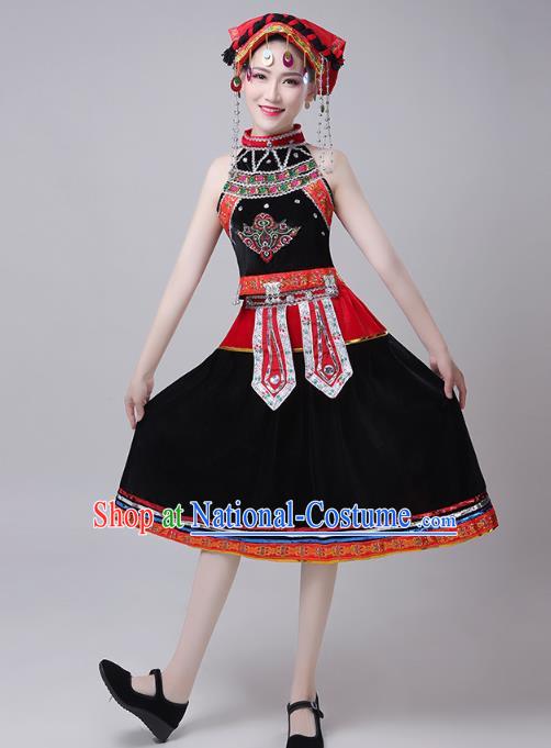 China Traditional Yao Nationality Folk Dance Costumes Yi Minority Ethnic Stage Performance Black Short Dress Outfits