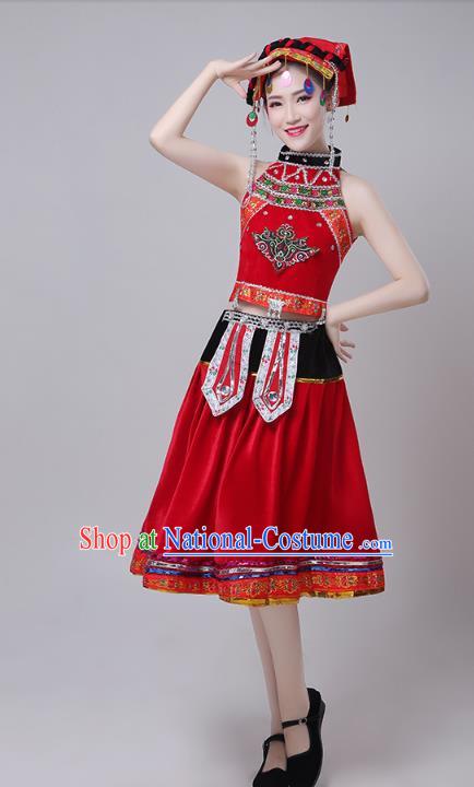 China Yi Minority Ethnic Stage Performance Red Short Dress Outfits Traditional Yao Nationality Folk Dance Costumes