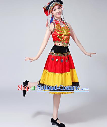 China Guizhou Minority Ethnic Stage Performance Dress Outfits Traditional Yi Nationality Folk Dance Clothing