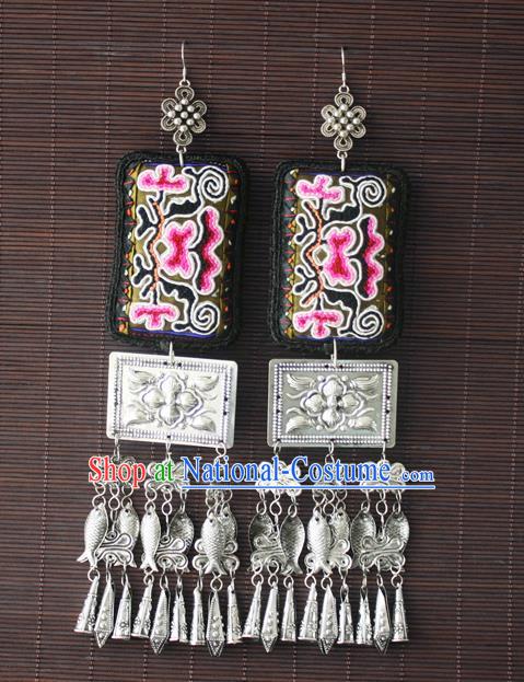 China National Cheongsam Silver Fish Tassel Ear Accessories Traditional Miao Nationality Ethnic Embroidered Earrings