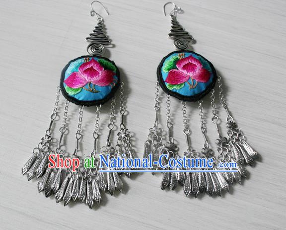 China Traditional Miao Nationality Ethnic Embroidered Lotus Earrings National Cheongsam Silver Tassel Ear Accessories