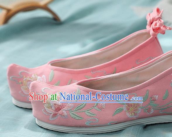 China Embroidered Peach Blossom Shoes Traditional Bow Shoes Folk Dance Pink Cloth Shoes