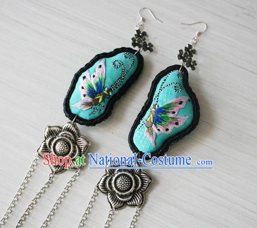 China Traditional Cheongsam Embroidered Butterfly Ear Accessories National Guizhou Ethnic Silver Tassel Earrings