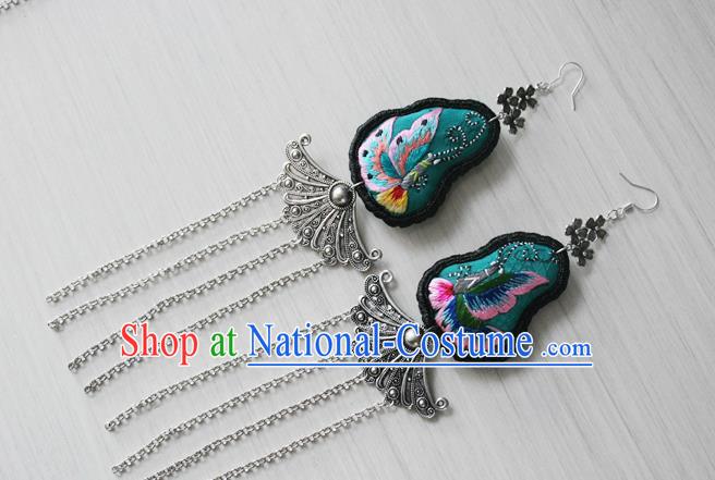 China National Guizhou Ethnic Silver Tassel Earrings Traditional Cheongsam Embroidered Butterfly Ear Accessories