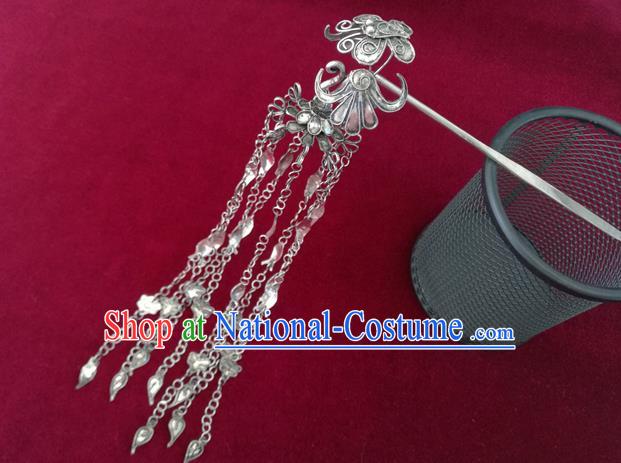 Chinese Miao Ethnic Folk Dance Hair Accessories Traditional Hmong Nationality Silver Tassel Hairpin