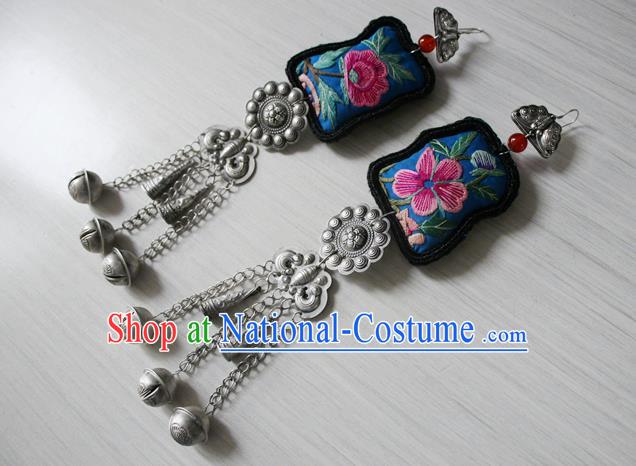 China Traditional Cheongsam Embroidered Ear Jewelry National Guizhou Miao Silver Bells Tassel Earrings