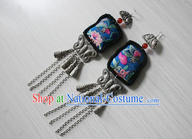 China National Guizhou Miao Silver Butterfly Tassel Earrings Traditional Cheongsam Embroidered Ear Jewelry