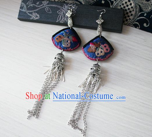 China Guizhou Miao Silver Earrings Traditional Cheongsam Embroidered Blue Ear Jewelry