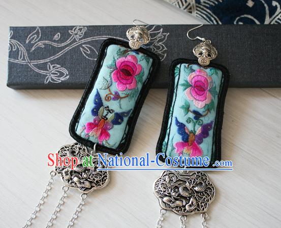 China Traditional Cheongsam Embroidered Green Ear Jewelry Guizhou Miao Silver Carving Lotus Fish Earrings