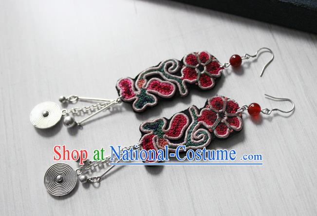 China Guizhou Ethnic Miao Silver Earrings Traditional Cheongsam Embroidered Ear Accessories